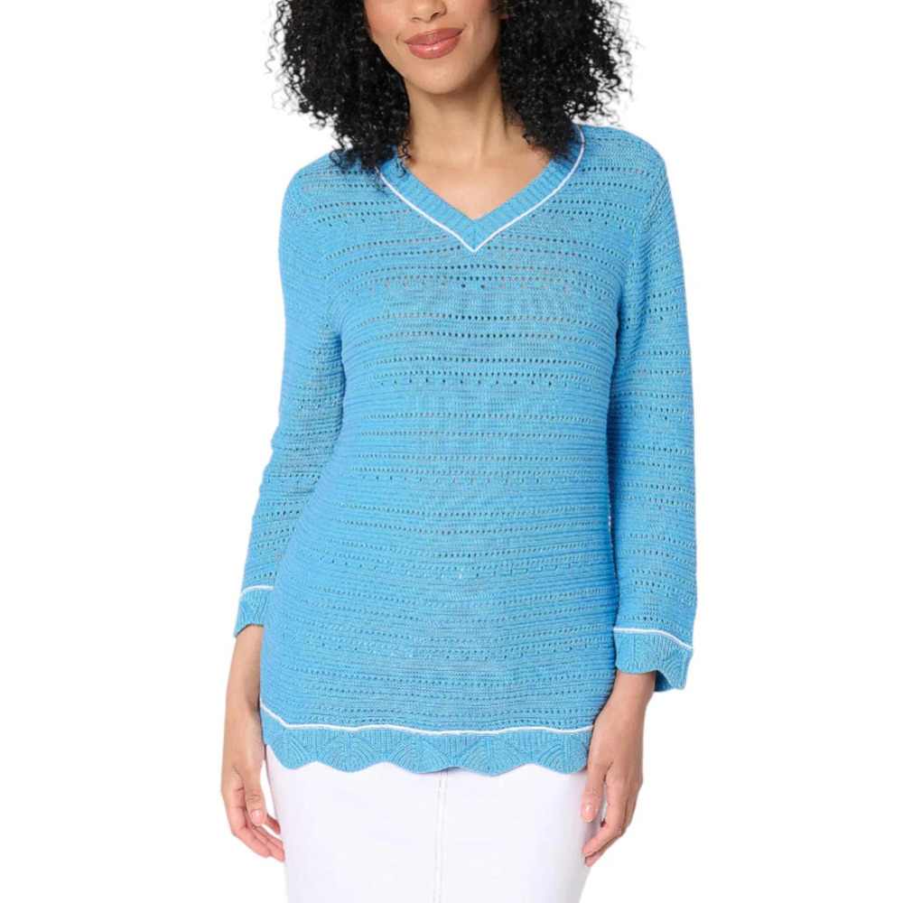 Denim & Co. Beach Women's 100% Cotton 3/4 Sleeve V-Neck Sweater Blue - Regular
